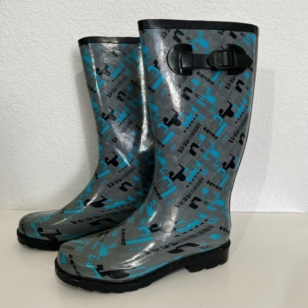 Nature Breeze Blue Black Gray Digital Tech Knee High Rain Splash Gardening Boots